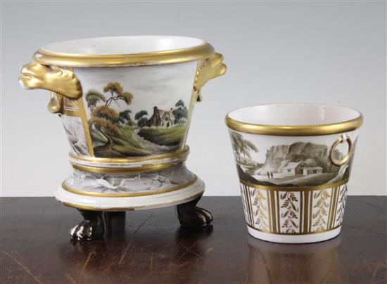 Two Coalport cache pots and a stand, c.1800-10, 9cm, larger pot with some restoration